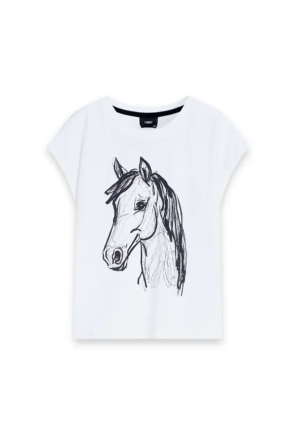 Biały dziecięcy t-shirt z nadrukiem konia