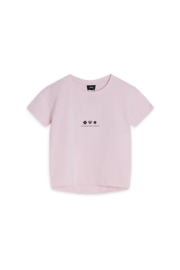 Jasnoróżowy dziecięcy różowy dziewczęcy t-shirt z nadrukiem